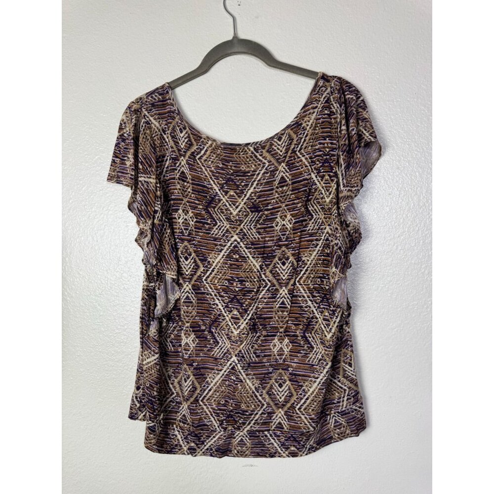Lucky Brand Womens Geometric Short Sleeve Blouse Top Size Large Boho Peasant - Picture 10 of 11